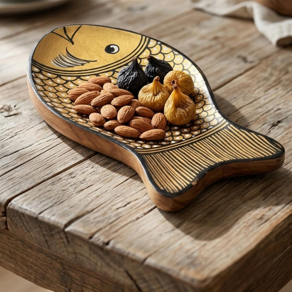 Zimittory Handpainted Fish Shape Wooden Serving Tray, Gold, 12 x 6 Inch