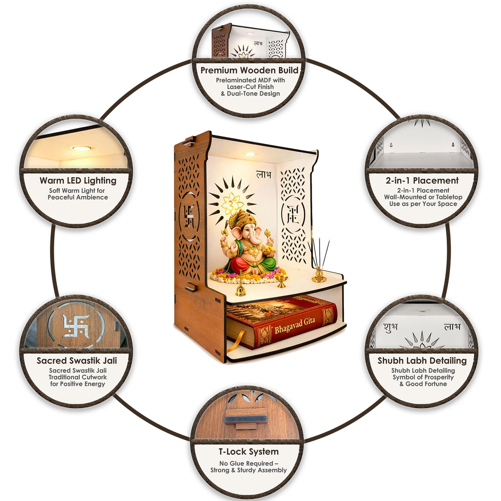DEXORO Wooden Temple for Home Wall Mounted | Dual Tone Brown & White Mandir with LED Light | Small Pooja Mandir for Home, Office & Decoration