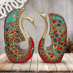 ARTVARKO Brass Swan | Duck Pair Turquoise Statue Vastu Love Couple Decorative Animal Gift Showpiece Height 9.5 Inches
