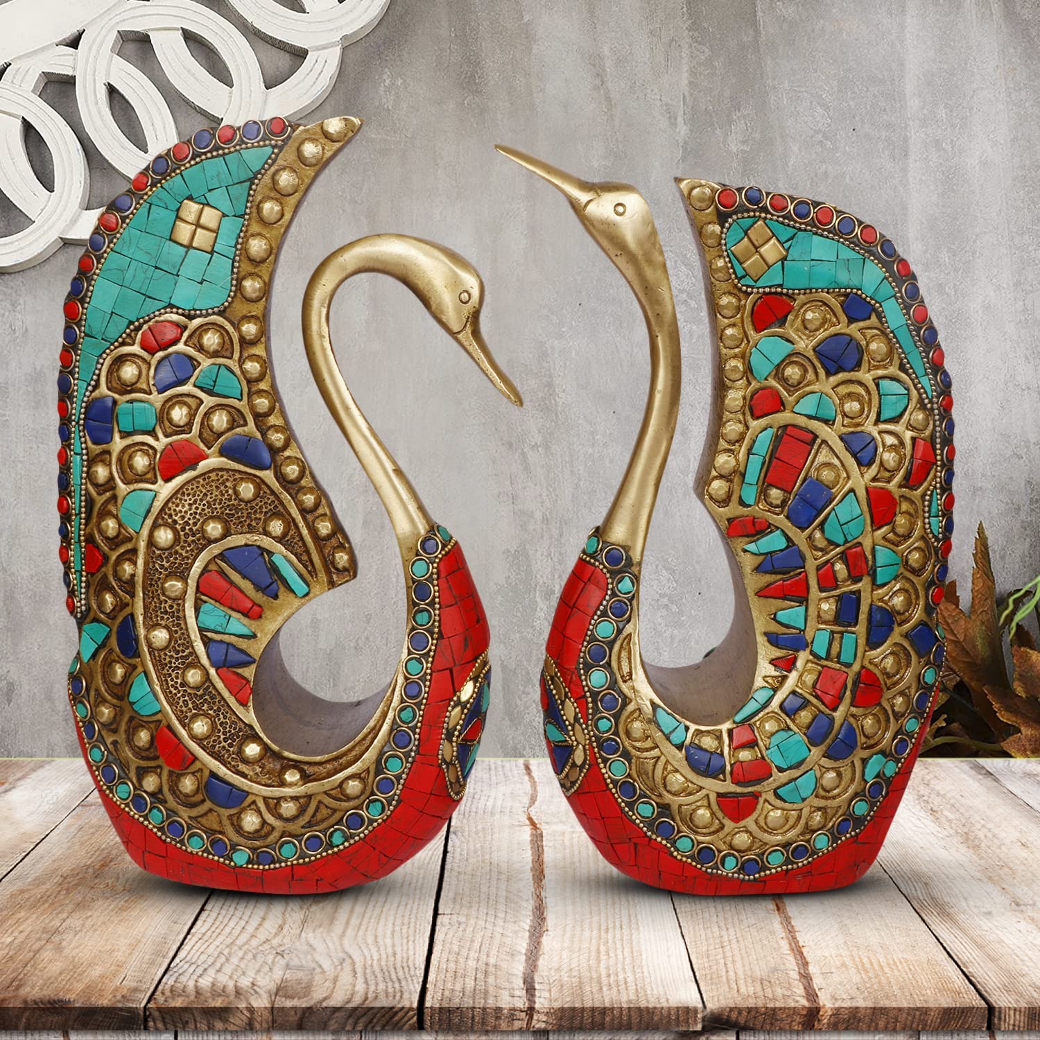ARTVARKO Brass Swan | Duck Pair Turquoise Statue Vastu Love Couple Decorative Animal Gift Showpiece Height 9.5 Inches