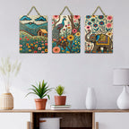Artvibes Nature Theme Wooden Wall Hanger for Home Decor | Modern Decoration Items | Living Room | Bedroom | Office | Art Print | Wall Illustrations | Handcrafted Art | Gift Items (WH_96124N), Set of 3