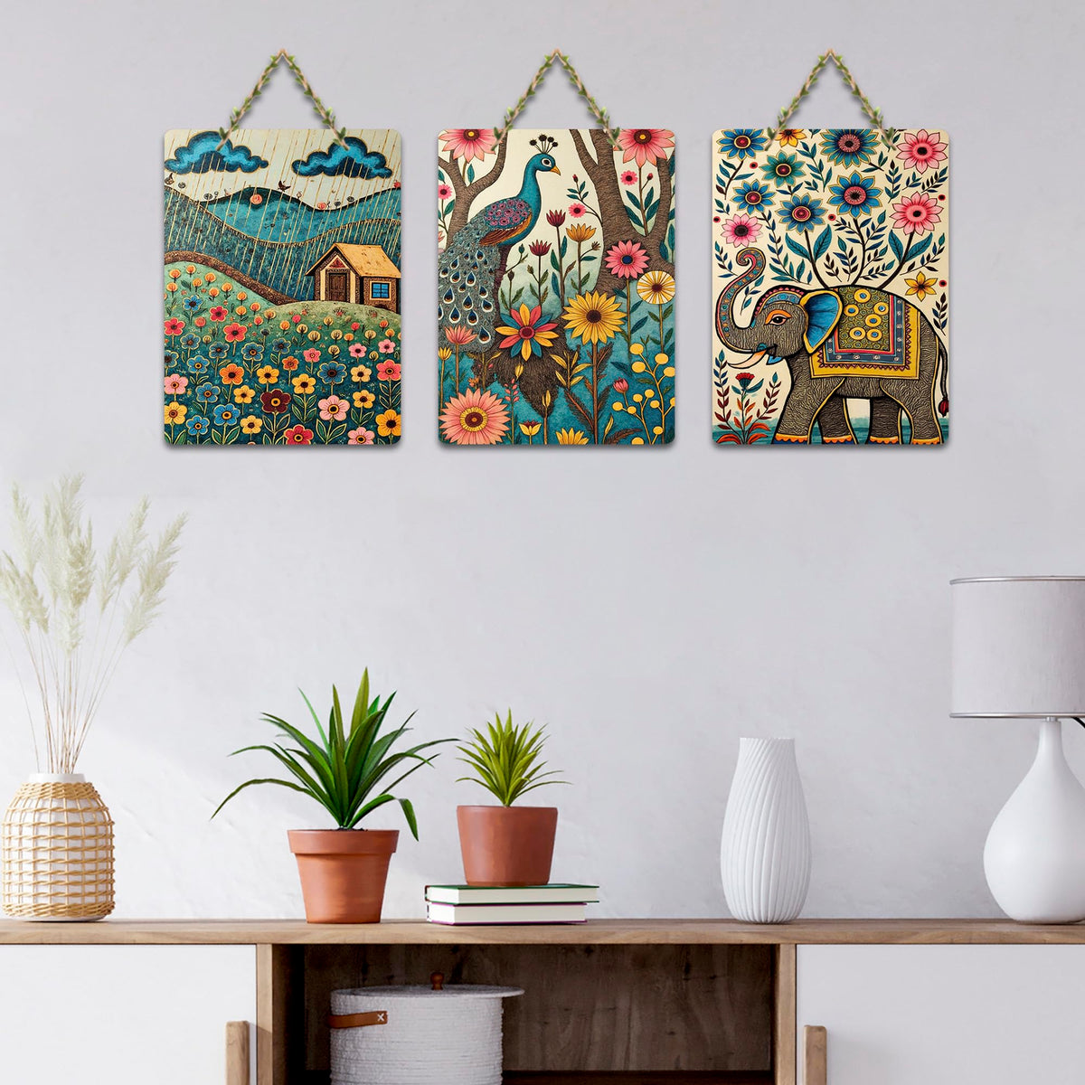 Artvibes Nature Theme Wooden Wall Hanger for Home Decor | Modern Decoration Items | Living Room | Bedroom | Office | Art Print | Wall Illustrations | Handcrafted Art | Gift Items (WH_96124N), Set of 3
