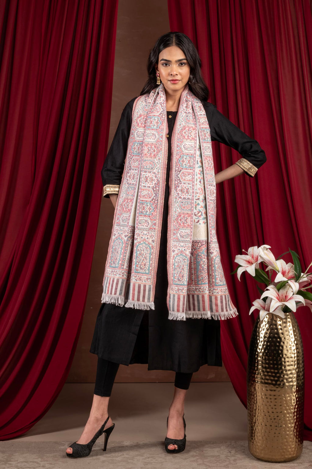 Naureen Women Faux Pashmina Kani Stole with Mughal Artwork and Zari Accents, Warm and Soft, 28x80 inch