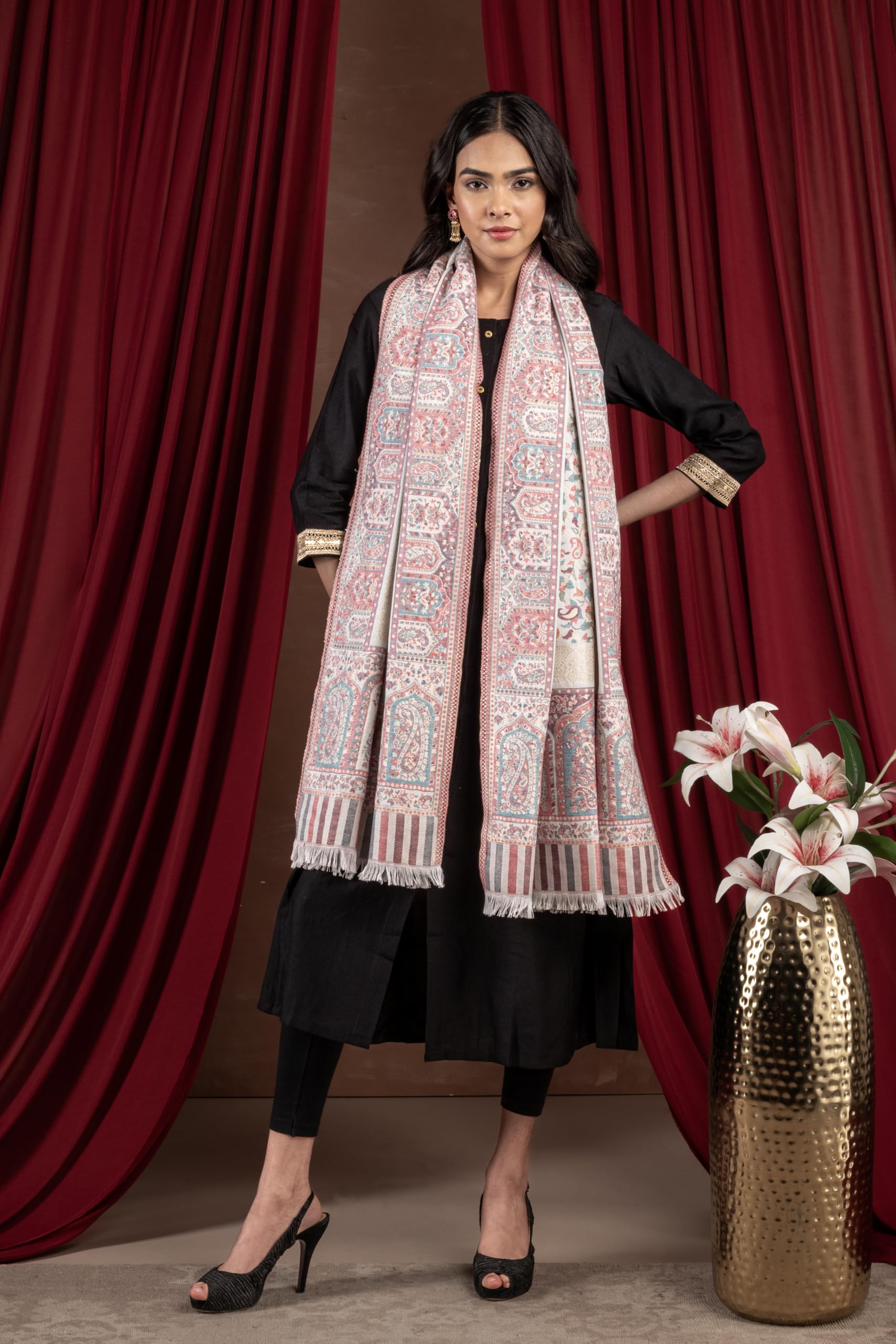Naureen Women Faux Pashmina Kani Stole with Mughal Artwork and Zari Accents, Warm and Soft, 28x80 inch