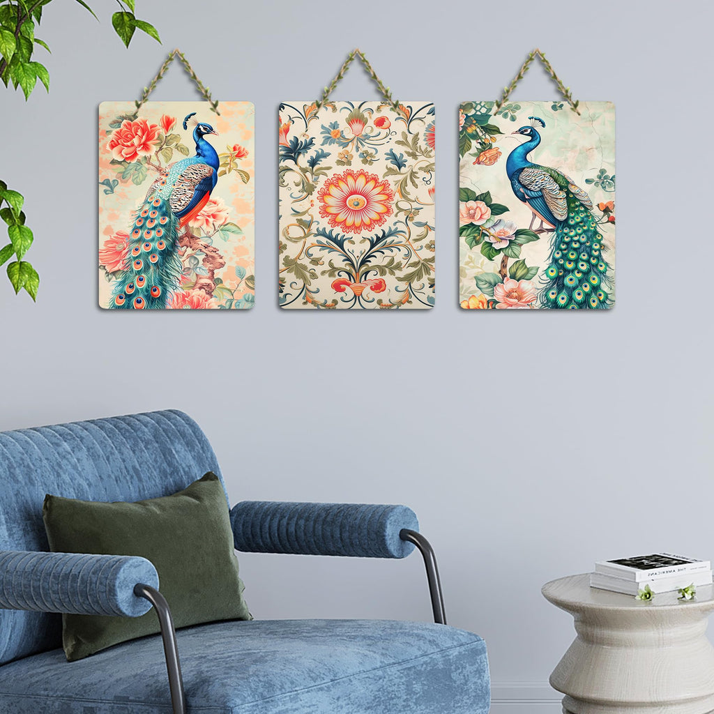 Artvibes Artistic Peacock & Vibrant Flowers Decorative Wall Art MDF Wooden Wall Hanger for Home | Festive Decor Art | Wall Sculpture | Scenery | Wall Illustrations | Gift Items (WH_96185N), Set of 3