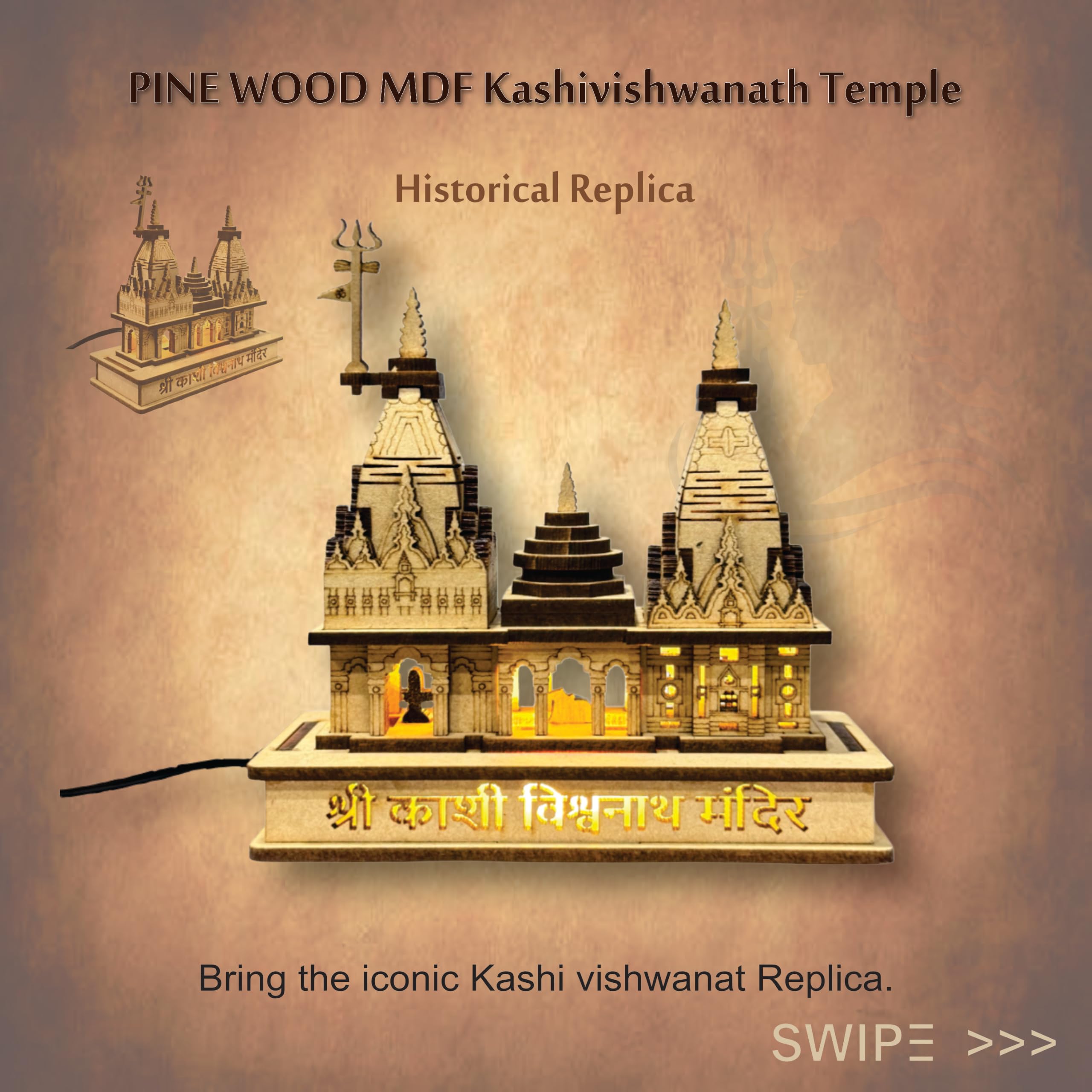 eXme Kashi Vishwanath Temple Wooden Model with LED Light - Exquisite Pine MDF Craft Ideal for Gifting, Puja, Spirituality, Home Decor & Pooja Room