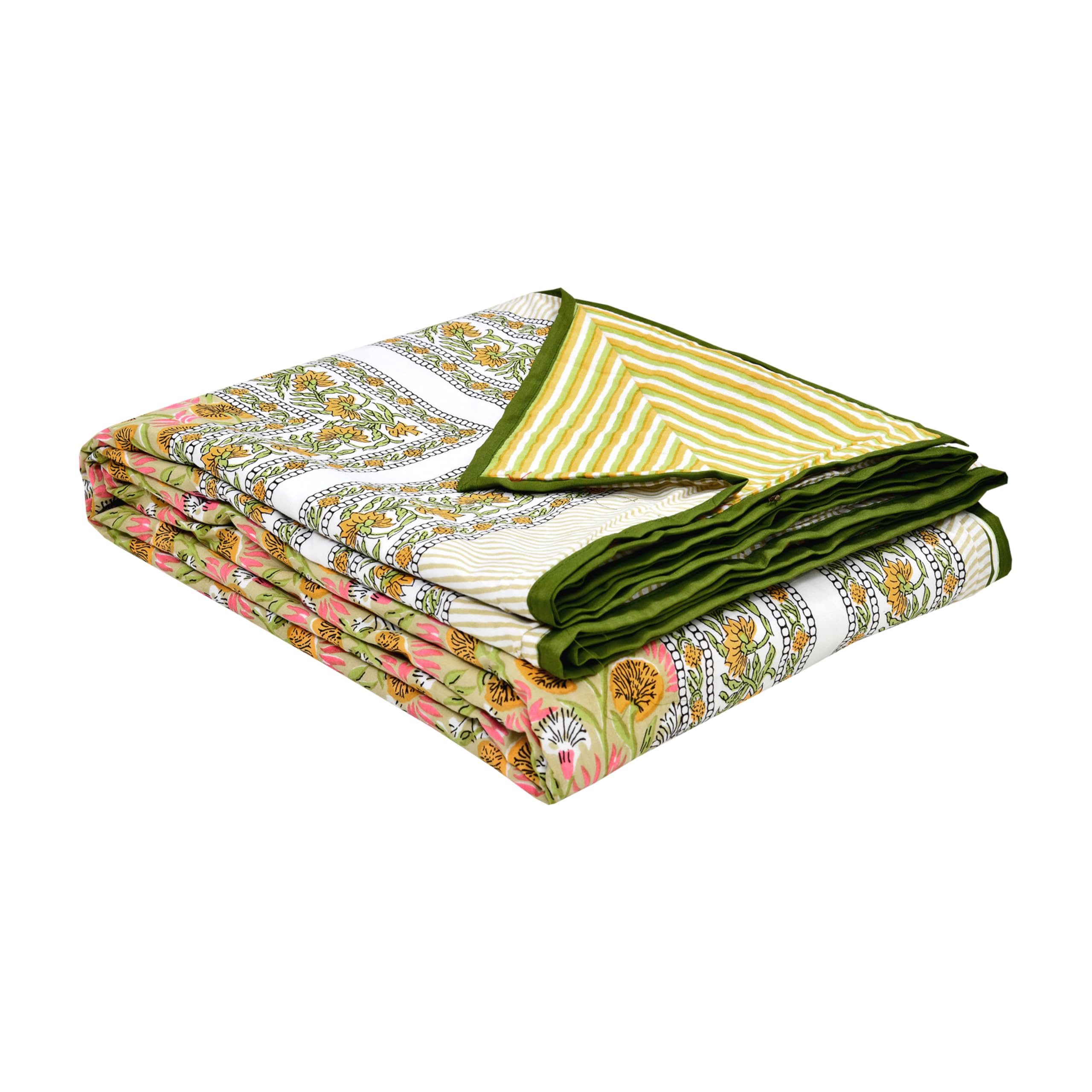 BLOCKS OF INDIA 100% Cotton Dohar King Size Reversible Hand Block Printed Malmal Summer Dohar/Blanket (Green GAD BUTI) Kafalo
