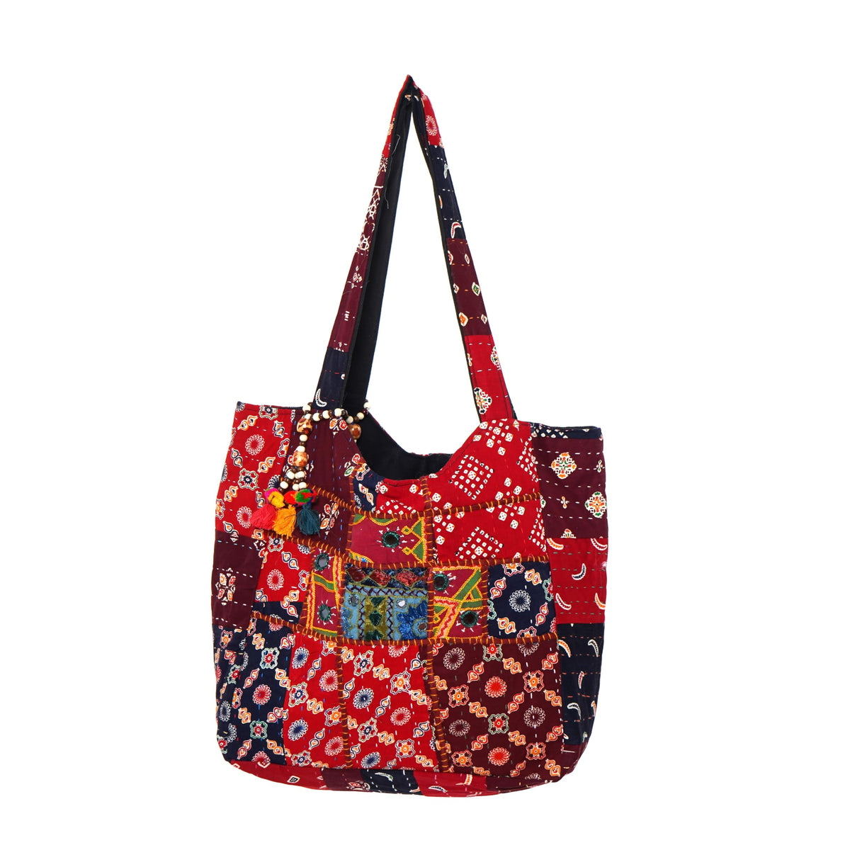 PREET GALLERY Handmade Cotton Patchwork Tote Bag, Multicolour, Double Handle|Women's Shoulder Bag, Pure Cotton Tote Bag, Handmade Patchwork Design (Brick Red)