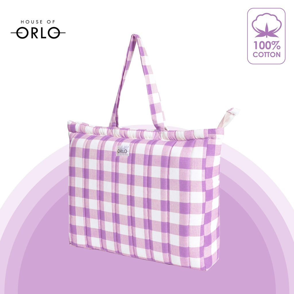 HOUSE OF ORLO: Pinteresty QUILTED 100% Cotton Checked Tote Bags with Zipper for Women - For College, Travel, Work and Daily Use -Small, Purple