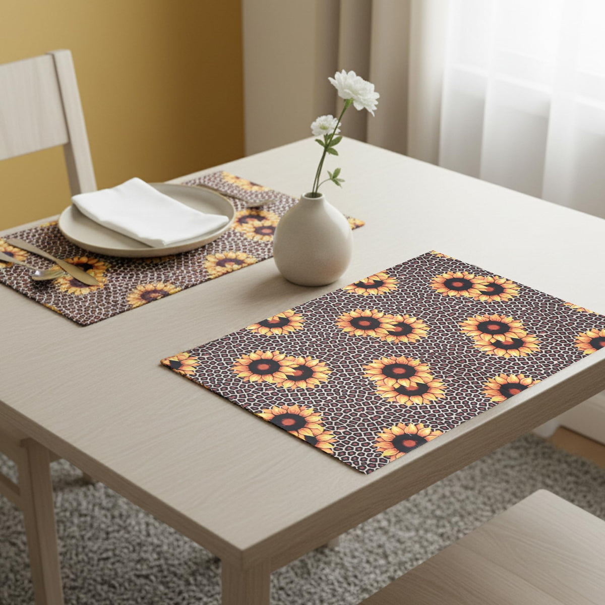 PRAKARTIK BY INDUARTS Dining Table Mats Set of 2 - Sunflower Animal Print Theme,Digital Print, Washable, Indoor/Outdoor, Heat-Proof, Wipe & Clean (47X33 cm) Yellow & Brown Kafalo