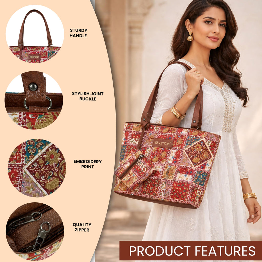 Storite Women’s Ethnic Patchwork Tote Bag with Leather Handles | Handmade Boho Shoulder Bag with Detachable Pouch Designer Bag for Women | Stylish Boho Tote with Leather Finish