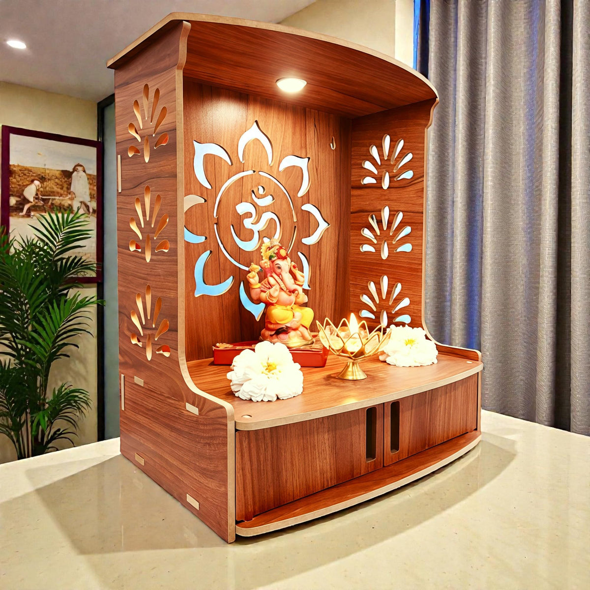 Devson™ Beautiful Wooden Temple | MDF Pooja MANDIR for Home and Office use with LED SPOT Light | Engineered Wood Pooja Stand with Storage Shelves | Size - H 15.5 x L 12.5 x W 9 inch | 12DRK