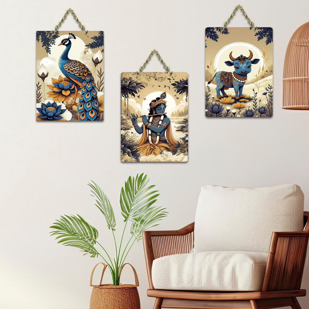 Artvibes Divine Shri Krishna Wall Art Set With Peacock And Cow Home Wooden Wall Hanger for Home | Spiritual Decor Items | Wall Illustrations | Artwork | Painting | Gift Items (WH_9627N), Set of 3