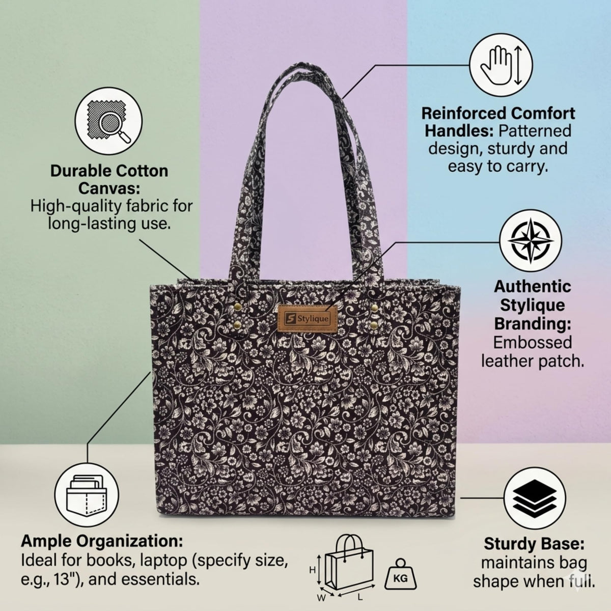 Stylique Women's Large Jute Tote Handbag | Premium Cotton Canvas Shoulder Bag | Stylish Office Laptop Shopper with Zipper Cotton Tote Handbag for Women | Travel College Daily Casual Carry (Black)