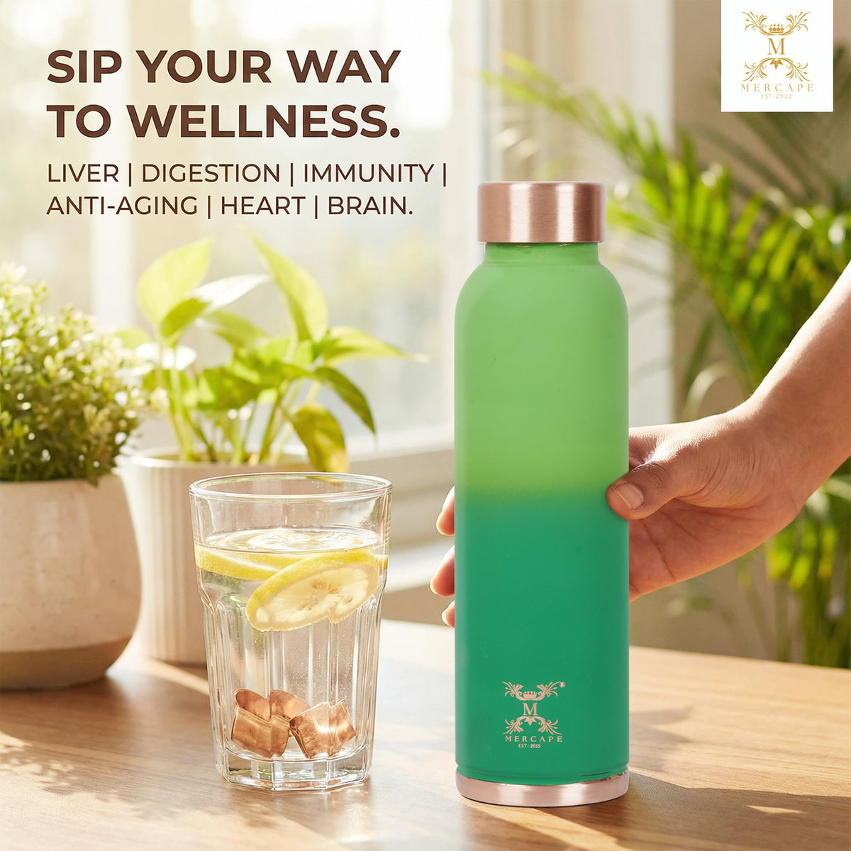MERCAPE Pure Copper Color Water Bottle 950 ml | Matte Finish Reusable Metal Bottle with Leak-Resistant Cap | Suitable for Home, Office & Travel (Green Gradient)