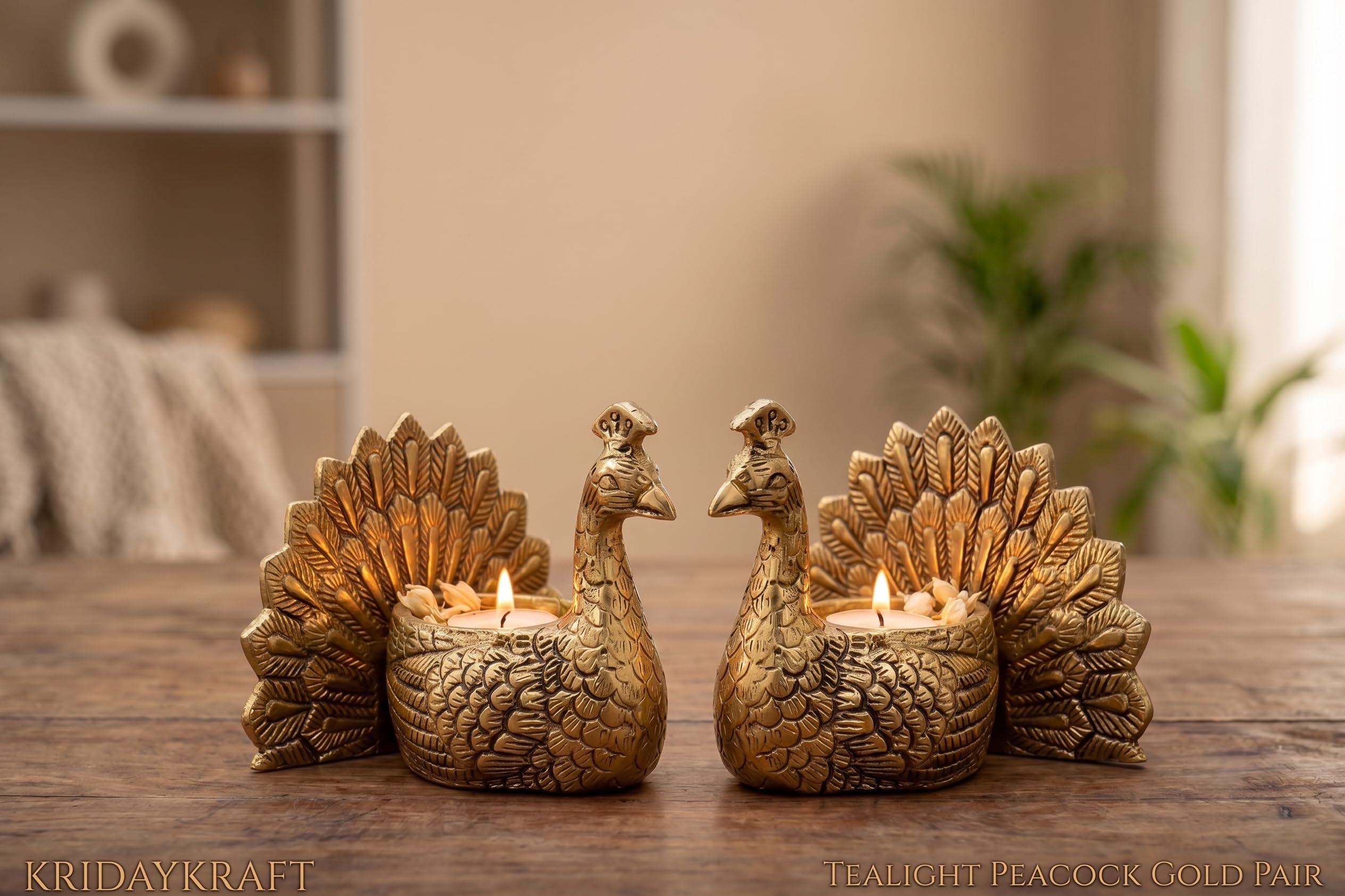 Kridaykraft Aluminum Peacock Pair Tealight Candle Holder Set | Gold Finish Traditional Decorative Showpiece for Home Decor, Diwali Diya, Living Room, Table Centerpiece & Festive Gifting (Set of 2)