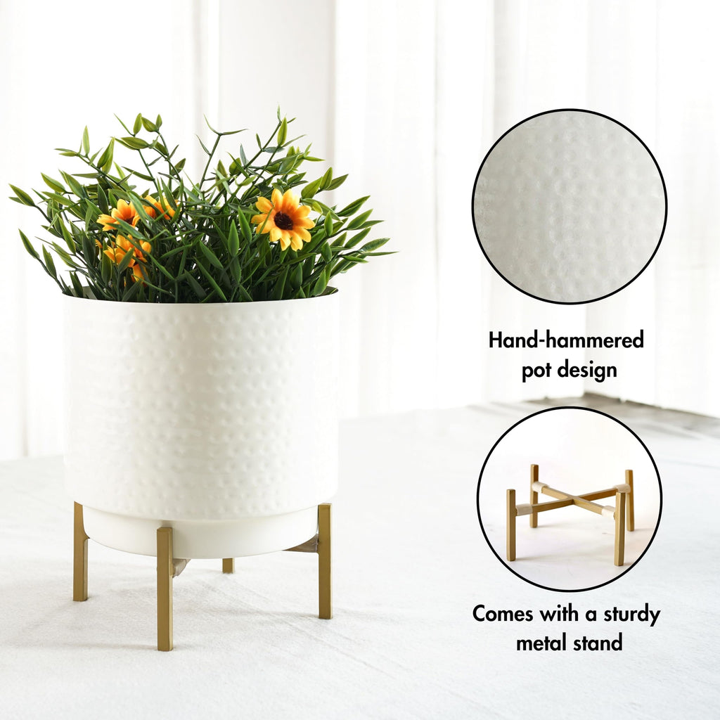 BEHOMA Hammered Metal Indoor Planter for Table, White