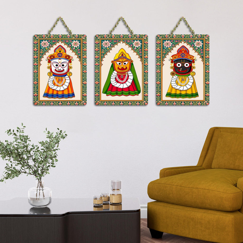 Artvibes Jagannath Balabhadra Subhadra Decorative Wall Art MDF Wooden Wall Hanger for Home | Art For Wall | Door Decoration Items | Wall Poster | Paintings For Wall | Unique Gift (WH_96165N), Set of 3