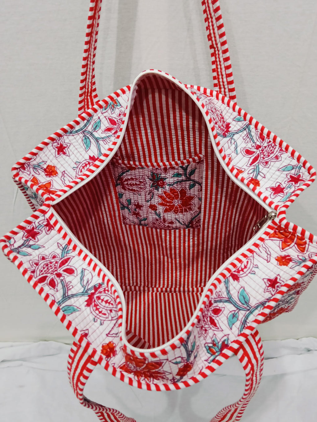 Raj Handicrafts Cotton Printed Tote Bag,Hand Bag Multicolor Quilted Hand Block Floral Printed Women's Carry Bag Shoulder Shopping Tote Bags 18x5.5x16 Inch (White 2)