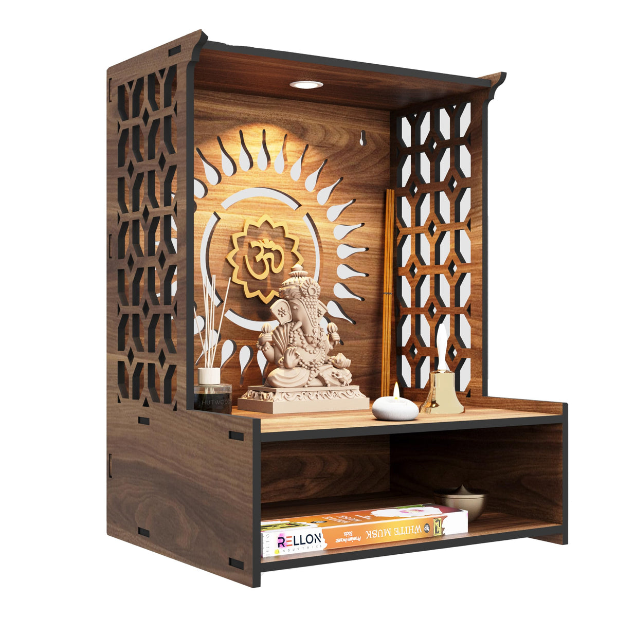 Rellon Industries Temple for Home, Mandir for Home for Pooja Mandir for Home Beautiful Wooden Temple for Home Pooja Stand for Home and Office with LED Spot Light mandir (A2)