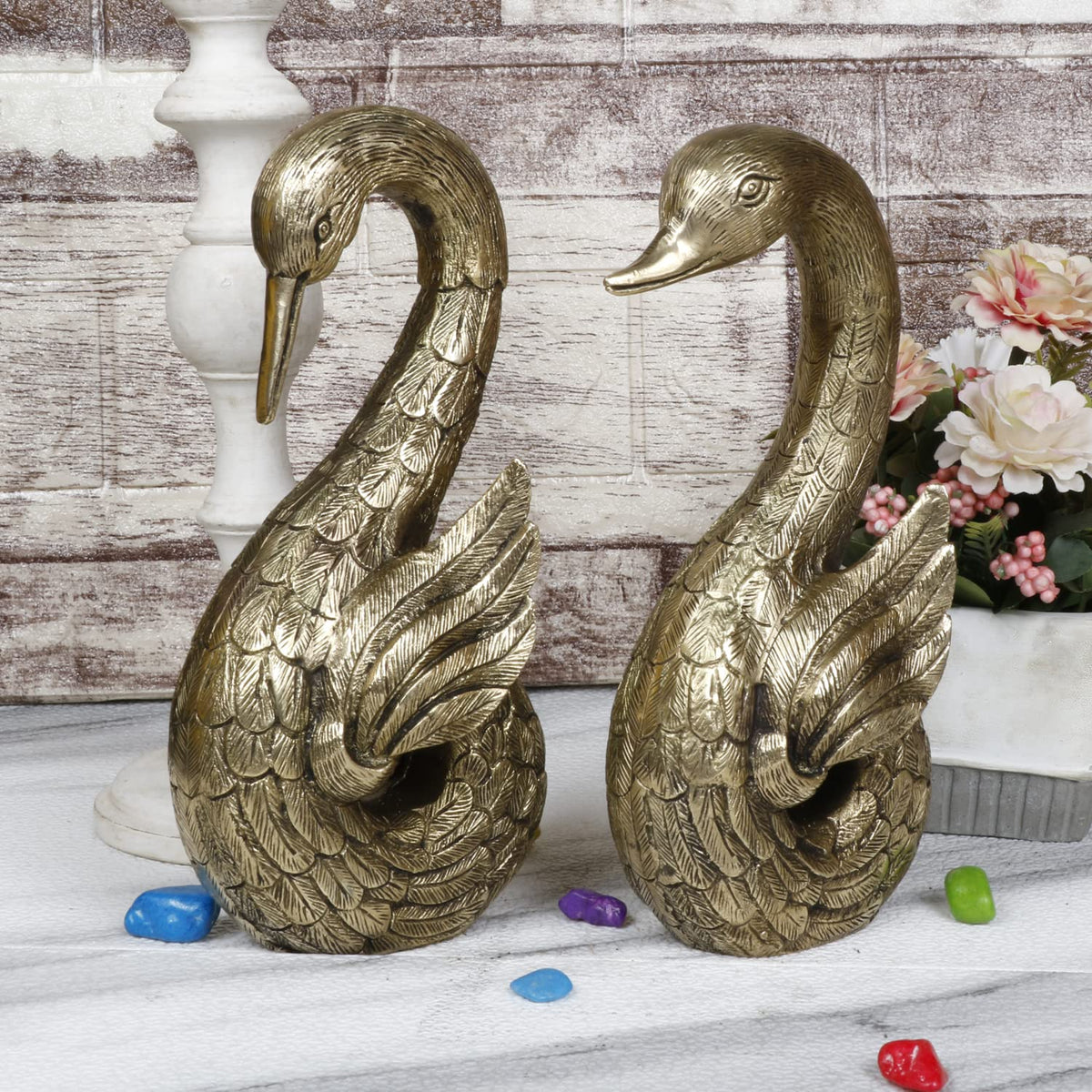 ARTVARKO Brass Swan Pair Statue Duck Pair Idol Vaastu Love Couple Decorative Home Interior Décor Item Feng Shui Handcrafted (LxBxH 9x4x9.5 Inches,4.7Kg)