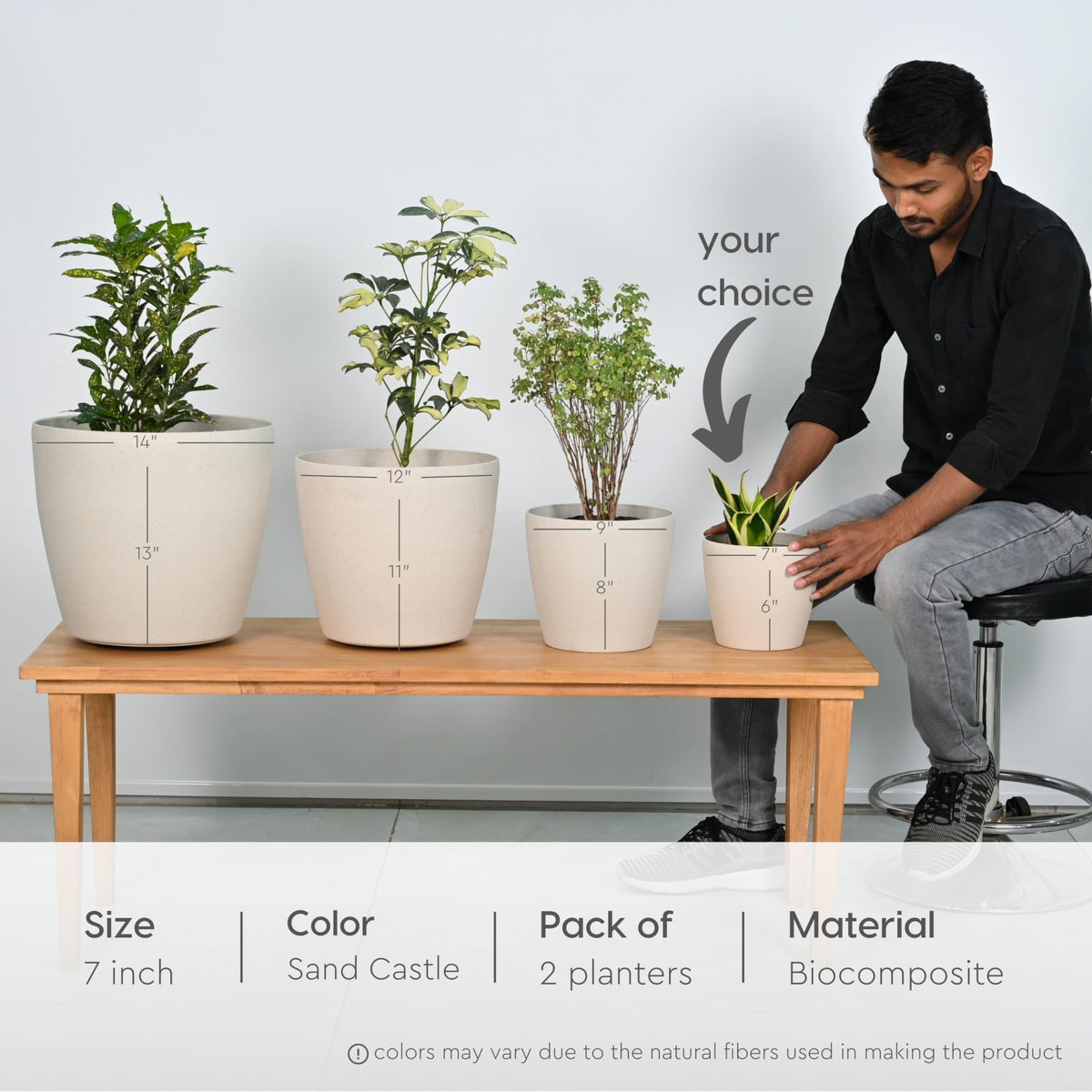 Eha Set of 2 Earth-Friendly Deco 7 Self-Watering pots and Planters | Bamboo Based | UV Protected | for Indoor, Home Decor, Outdoor, Balcony & Garden | Sand Castle