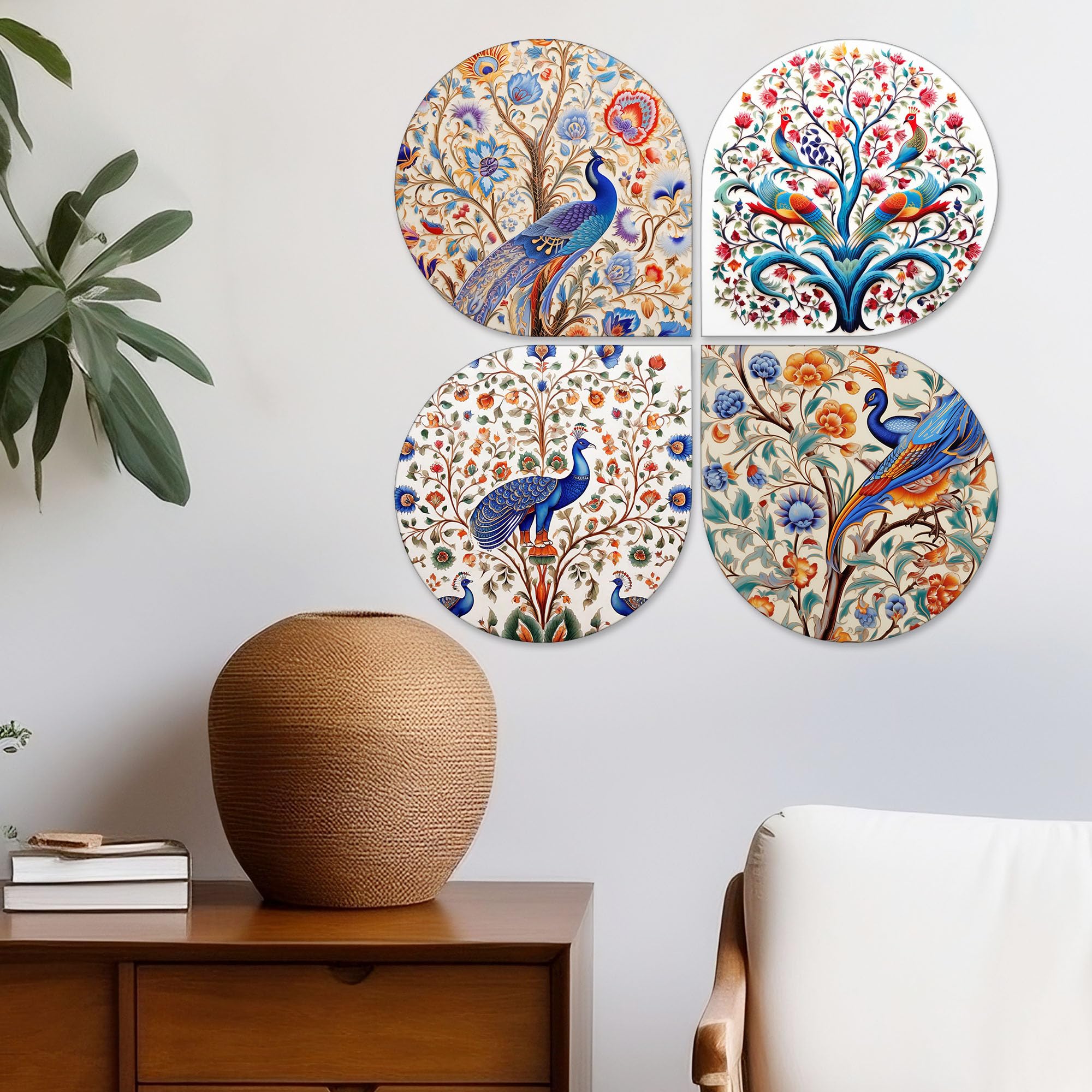 Artvibes Floral Peacock Decorative MDF Wooden Wall Art for Home | Wood Decorative Items | Modern Decoration | Artwork | Festive Decor | Wall Poster | Handcrafted Art | Unique Gift (WH_8434N), Set of 4