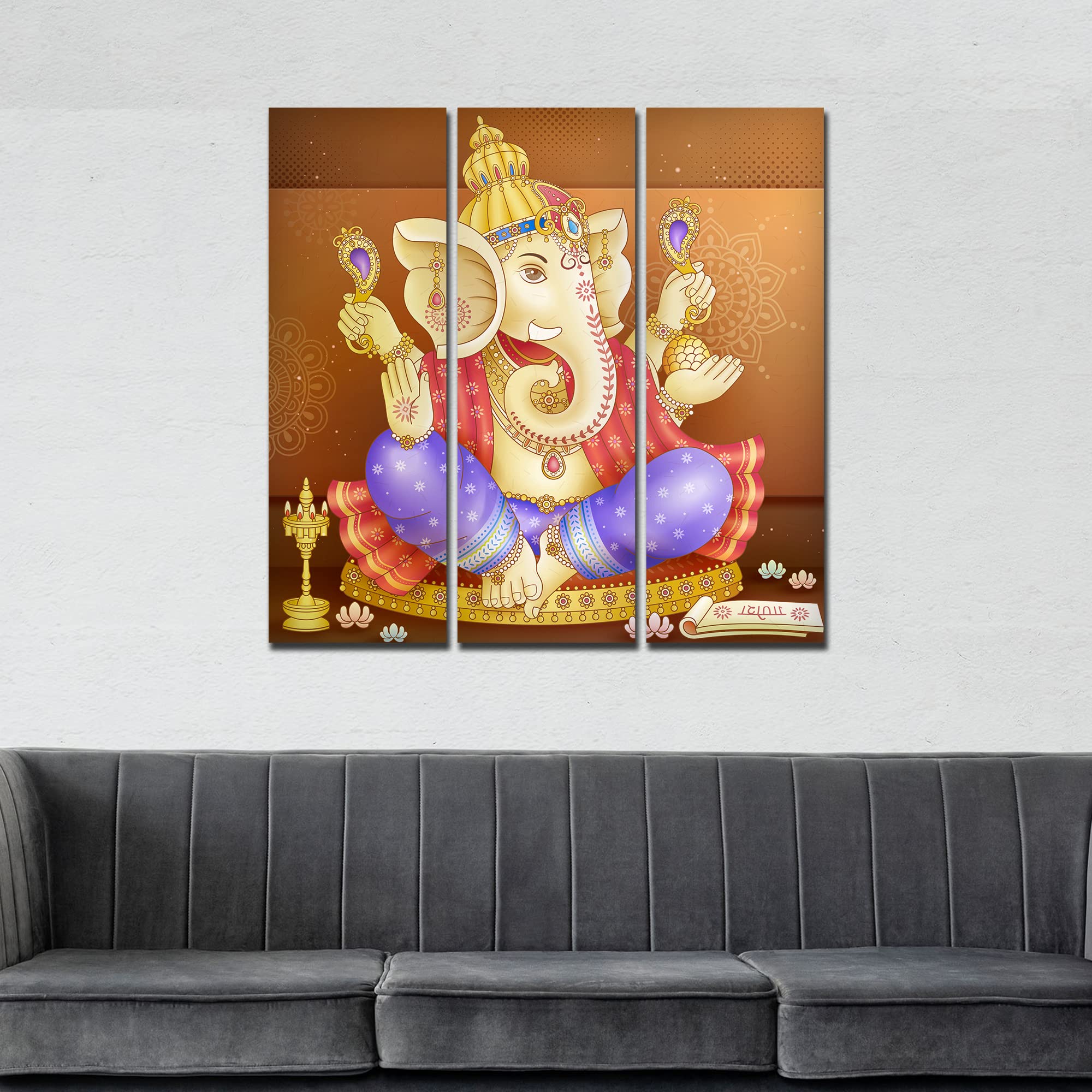 VIBECRAFTS 3 Pieces Beautiful Ganesha Canvas Wall Painting Fitted With Wooden Frame For Home | Office | Living Room | Gifts (PTVC3Pcs1_9565)