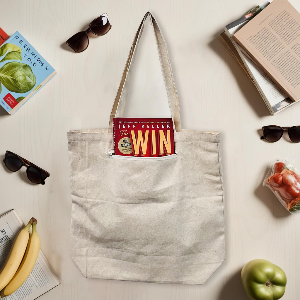 PRINT GALLI 100% Organic Cotton Canvas Tote Bag with Secure Back Zipper Pocket | Eco-Friendly, Off-White & Spacious Design | Perfect for Shopping, Travel, and Daily Use | Holds Up to 15 Kg