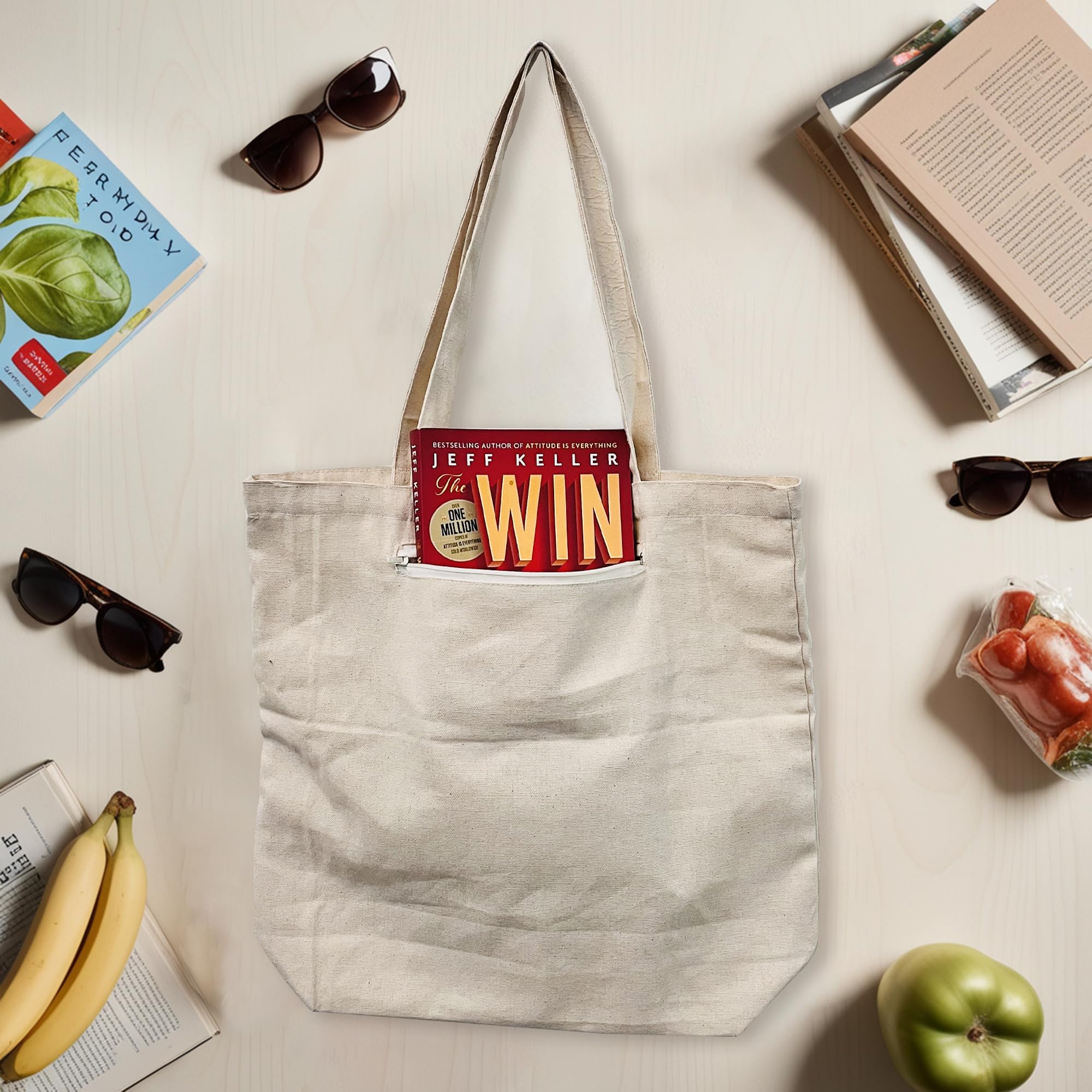 PRINT GALLI 100% Organic Cotton Canvas Tote Bag with Secure Back Zipper Pocket | Eco-Friendly, Off-White & Spacious Design | Perfect for Shopping, Travel, and Daily Use | Holds Up to 15 Kg