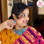 Mornny Terracotta Jewellery for Women| Multi Color Circular Floral Necklace with Earring Set| Party Gift Ethnic (Blue)