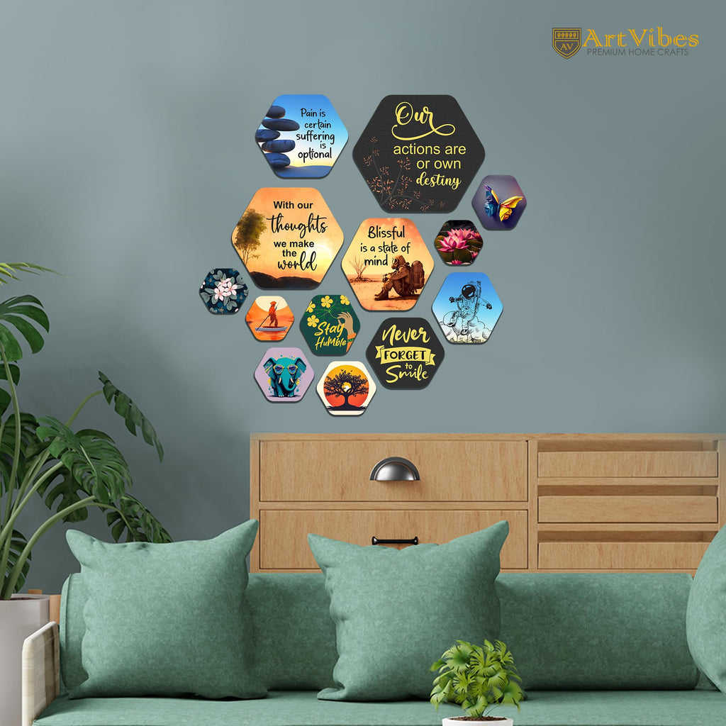 Artvibes Positive Quote Hexagon Shape MDF Wooden Wall Decor Items | Quotes Decor Item | Wall Illustrations | Office Decor | Wall Art Print | Inspirational quotes | Gift Items (WPS_212N), Set of 13