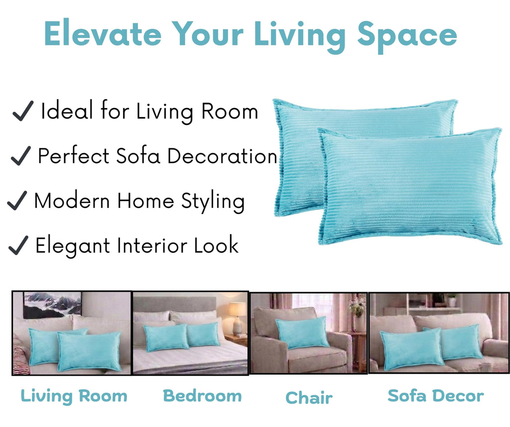 RD TREND® Corduroy Cushion Cover Set of 2, Striped Double Sided Decorative Throw Pillowcases for Sofa, Bed & Living Room Rectangular Long Cushion Covers 18x28 inches | Aqua