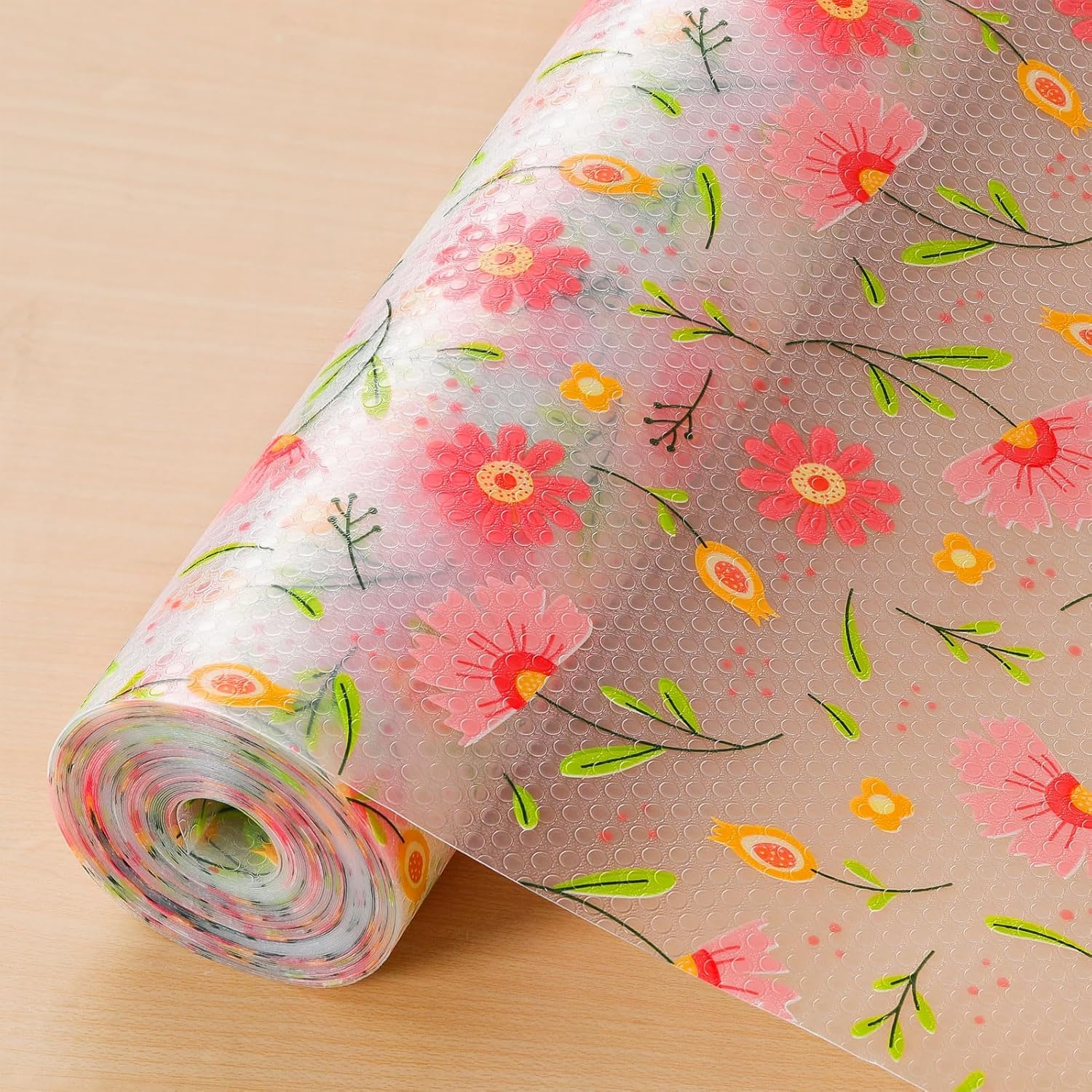 HIRPARAS Non-Slip Kitchen Shelf Liner Roll, Waterproof Drawer Cabinet Mat, Easy to Cut, Washable, Green Pink Flower, 45 cm x 3 m Kafalo