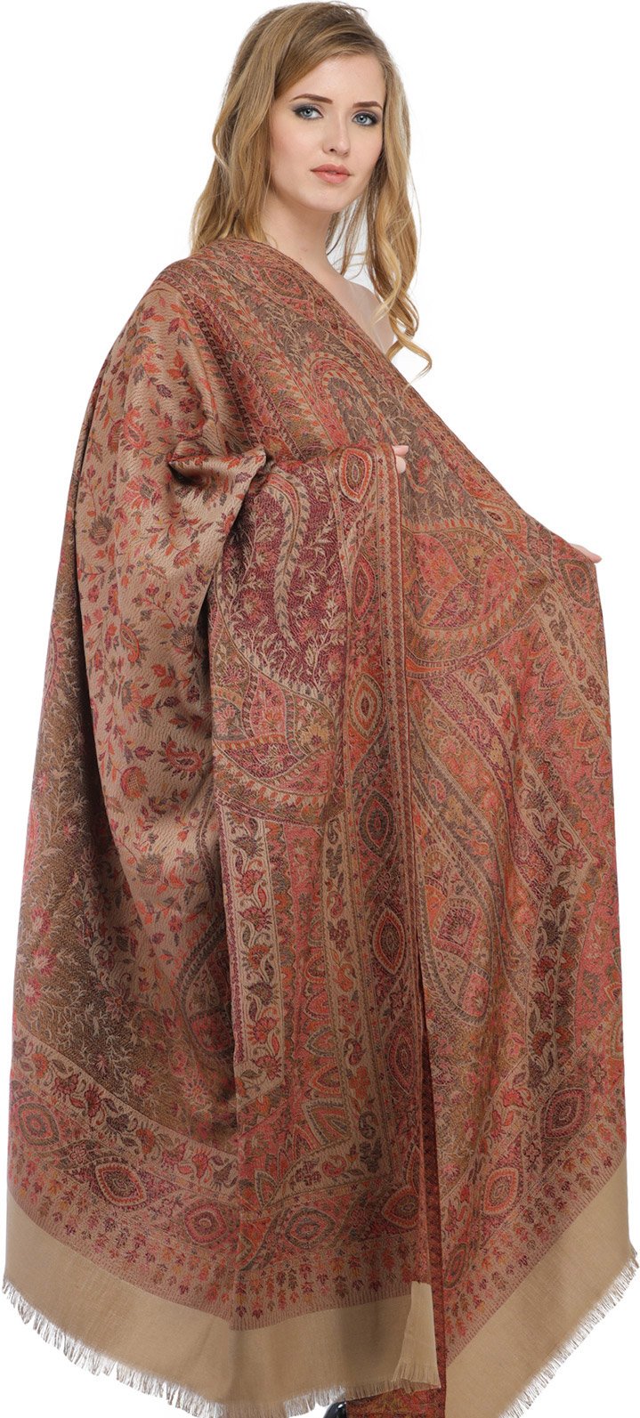 Exotic India Women's Reversible Jamawar with Woven Paisleys Wool Shawl (SWL33--light-taupe)