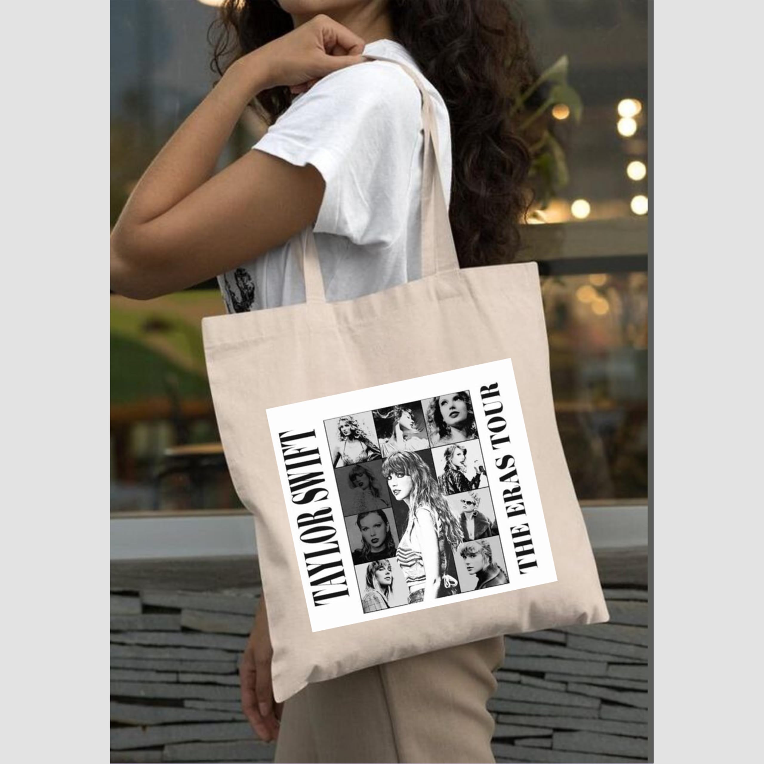 Peach Blossom Printed Cotton Zipper Tote Bags | CBAG - WHT-TAYLOR SWIFT_BLK-FAUVISM