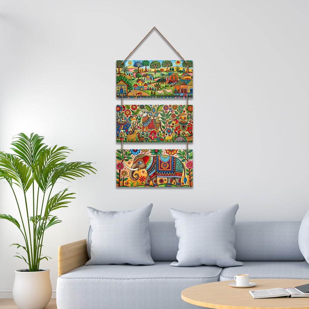 Artvibes Madhubani Village Life Decorative MDF Wooden Wall Art for Home | Living Room | Office | Cafe | Painting Wall Decor | Aesthetic Wooden Decor | Handcrafted Art | Ideal Gifts (WH_9443N)