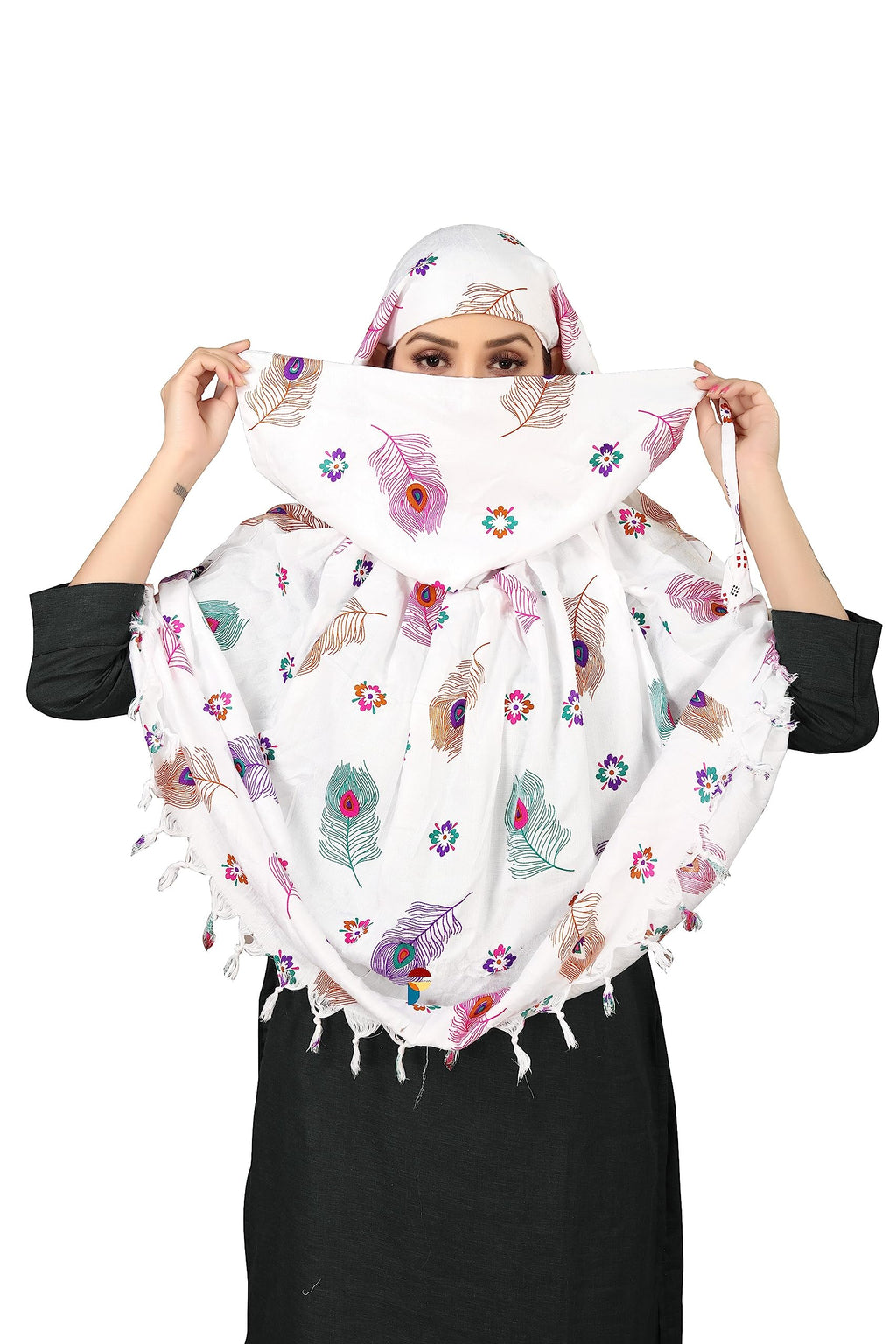 PRACHARAN Cotton Innovative Stylish Feather Printed Pattern Fancy Scarf With Sun Protection Cover Face Cotton Driving Scarf for Women's and Girls, (female), White