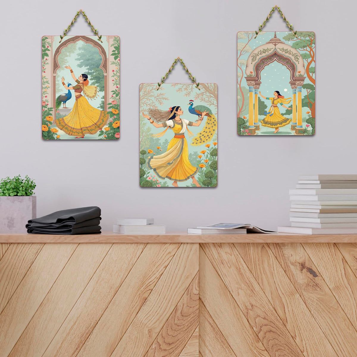 Artvibes Women Dancing Ancient Royal Art Wooden Decoration Item for Home | Art For Wall | Wall Sculpture | Signs & Plaques | Festive Decor | Wall Illustrations | Gift Items (WH_9616N), Set of 3