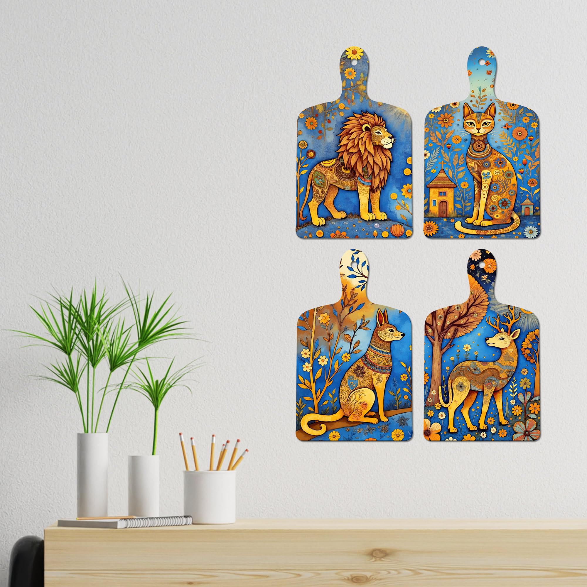 Artvibes Royal Lion Swamp Deer Cat & Fox Folk Art Decorative Wall Art MDF Wooden Wall Hanger for Home | Door Decoration Items | Artwork | Aesthetic Wooden Decor | Ideal Gifts (WH_5645N), Set of 4