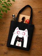 DOODLE Canvas Tote Bag for Women with Zip Closure – Eco-Friendly Cat Printed Reusable Shoulder Bag with Outer Zip & Inner Zip Pocket, Spacious Tote for Shopping, Office, College, Beach & Travel