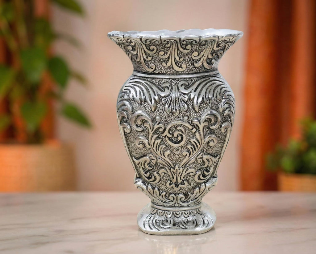 Kridaykraft Decorative Metal Vase, Antique Gold Finish, Baroque Floral Pattern, Traditional Ornate Design (Silver)