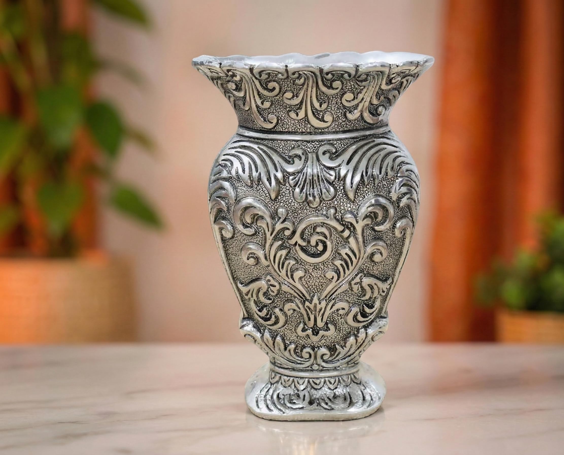 Kridaykraft Decorative Metal Vase, Antique Gold Finish, Baroque Floral Pattern, Traditional Ornate Design (Silver)