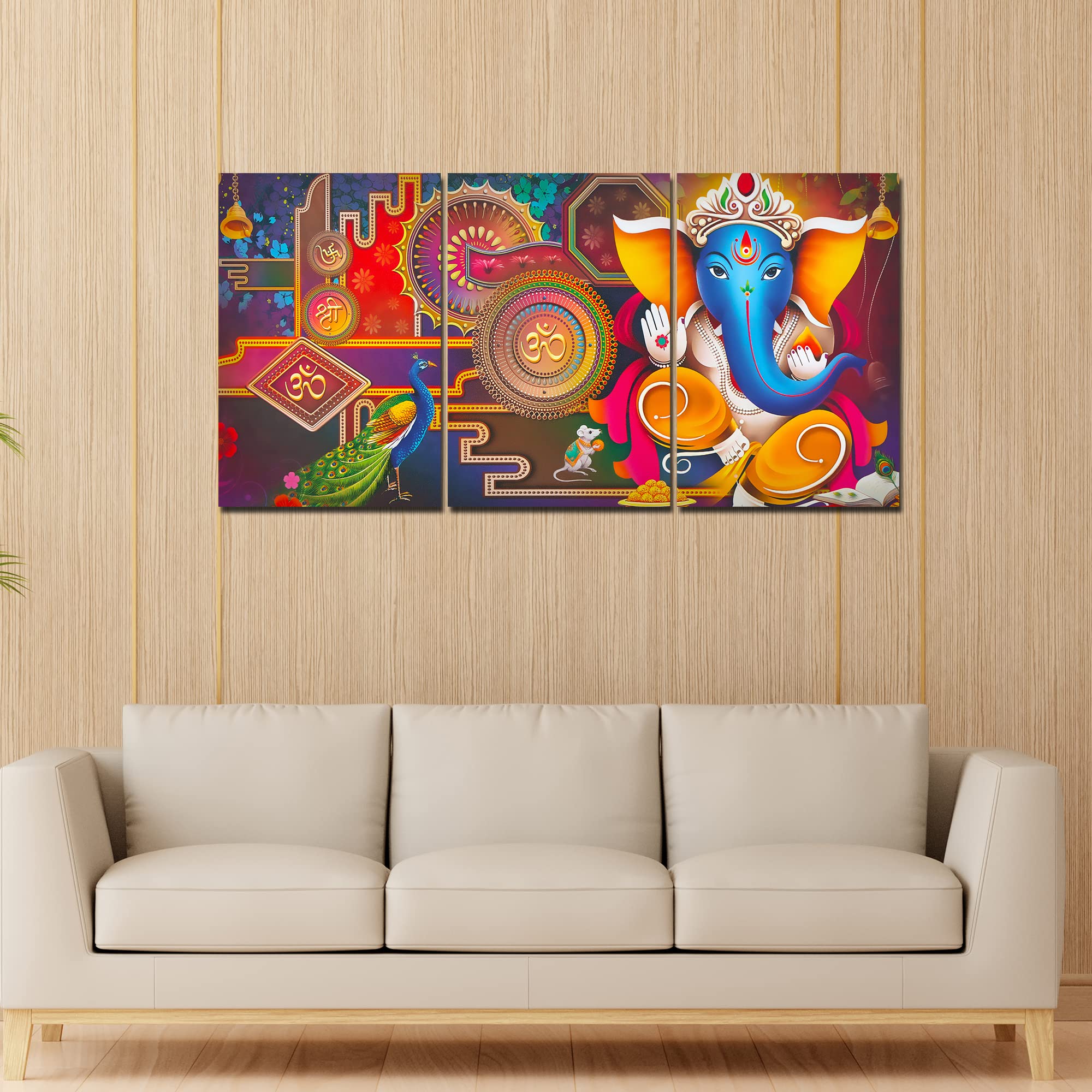 VIBECRAFTS 3 Pieces Spiritual Shree Ganesha Canvas Wall Painting Fitted With Wooden Frame For Home | Office | Living Room | Gifts(PTVC3Pcs3_11511)