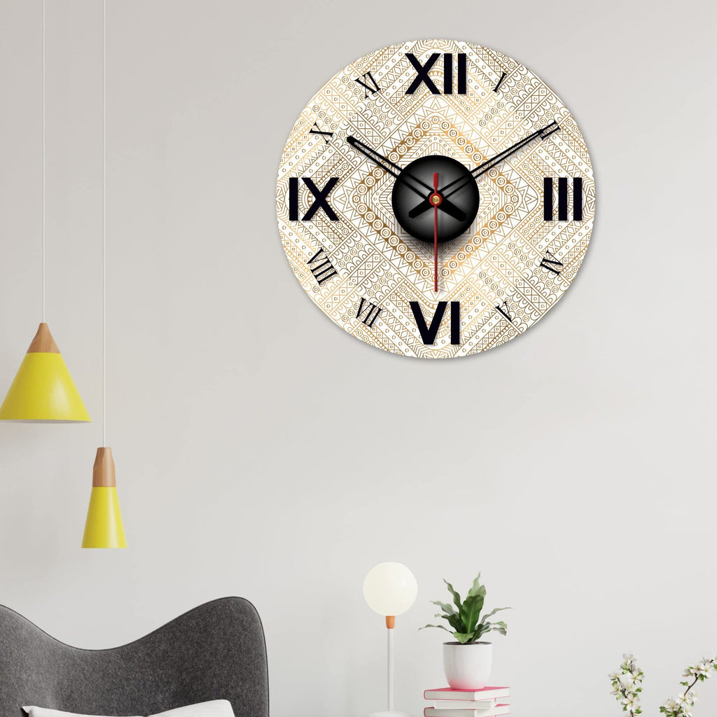 VIBECRAFTS Detailed Golden Pattern Wooden Wall Clock for Home Decor, Office, Living Room, Bedroom, Cafe's, Gifts (WWCVC1Pcs_15068N)