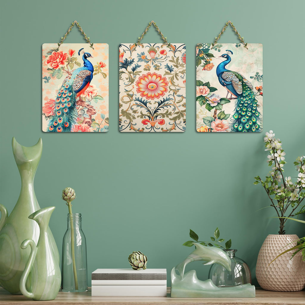 Artvibes Artistic Peacock & Vibrant Flowers Decorative Wall Art MDF Wooden Wall Hanger for Home | Festive Decor Art | Wall Sculpture | Scenery | Wall Illustrations | Gift Items (WH_96185N), Set of 3