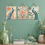 Artvibes Artistic Peacock & Vibrant Flowers Decorative Wall Art MDF Wooden Wall Hanger for Home | Festive Decor Art | Wall Sculpture | Scenery | Wall Illustrations | Gift Items (WH_96185N), Set of 3