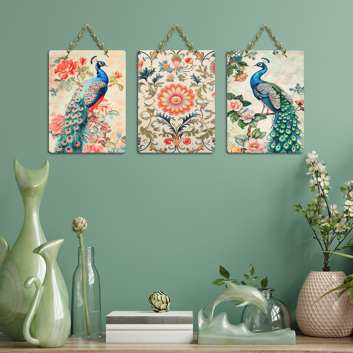 Artvibes Artistic Peacock & Vibrant Flowers Decorative Wall Art MDF Wooden Wall Hanger for Home | Festive Decor Art | Wall Sculpture | Scenery | Wall Illustrations | Gift Items (WH_96185N), Set of 3