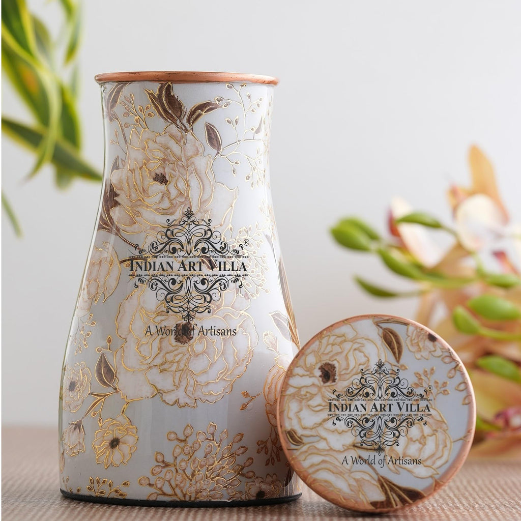 INDIAN ART VILLA Gold Flower Print Copper Water Bedroom Bottle, Designer Copper Drinkware, Volume- 950 ML