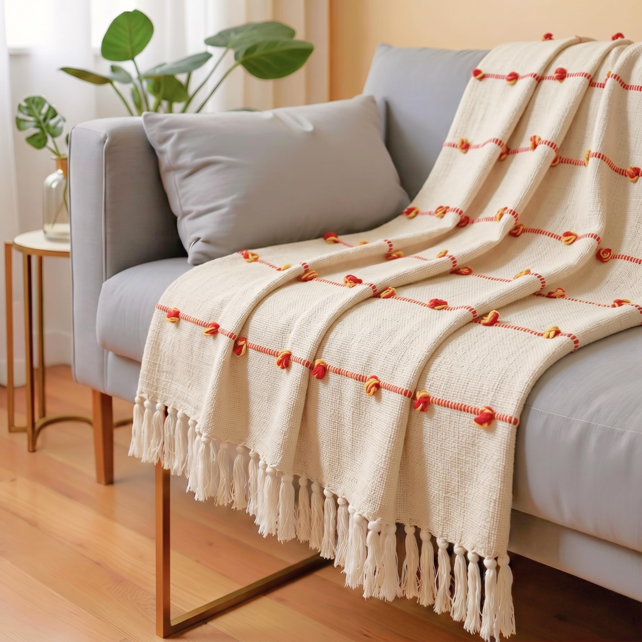 SAJAVAT HOME Knitted Cotton Sofa Throw Blanket with Tassels | Warm Beige & Royal Orange Decorative Throw for Sofa, Couch & Bed | Soft Lightweight All-Season Design | 80×52 Inches Kafalo